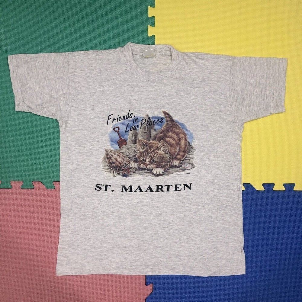Vintage St Maarten Martin Destination T Shirt Cat Design Grey Size Medium